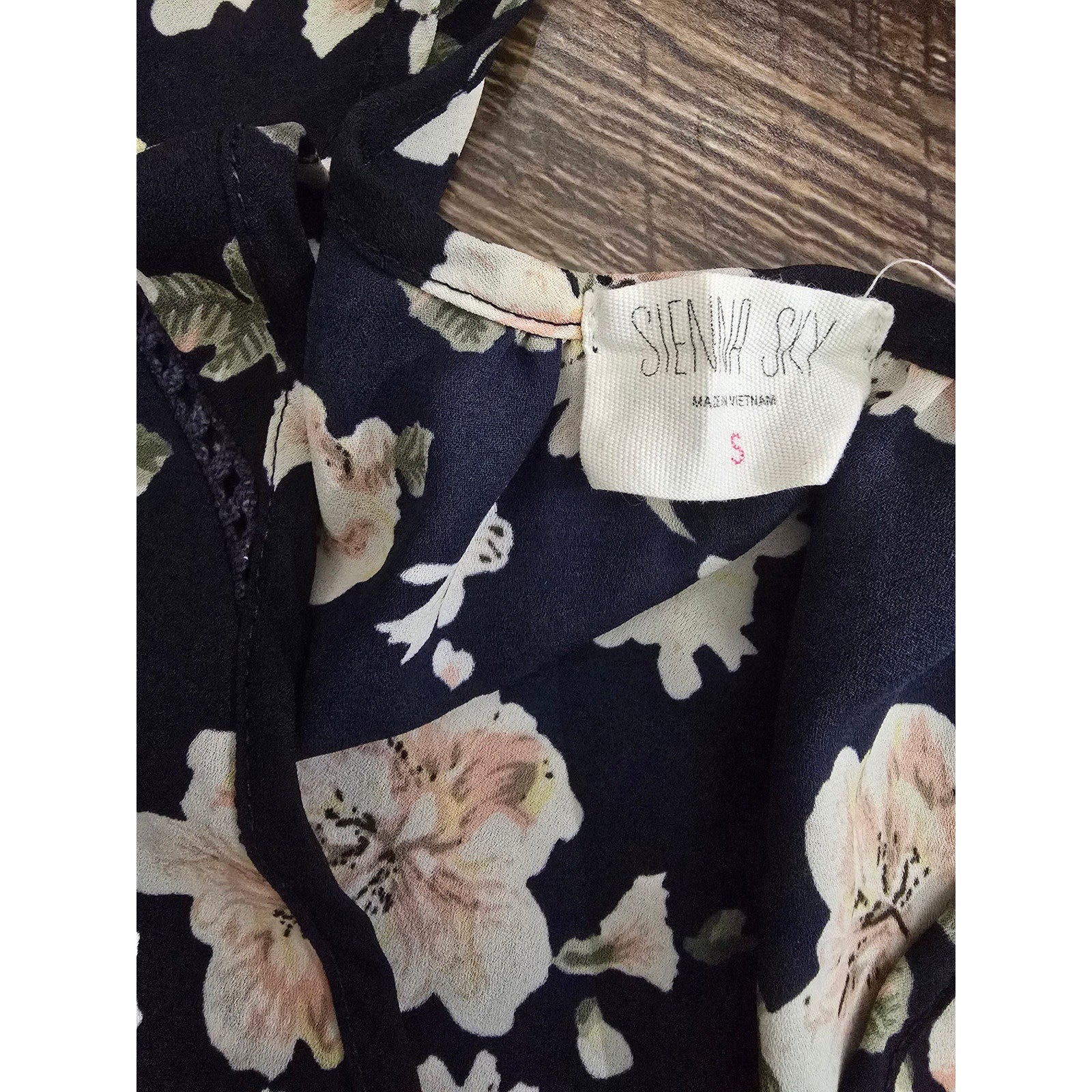 Sienna Sky Women's Size Small Navy Blue Peach Floral Crochet Trim V-Neck Blouse