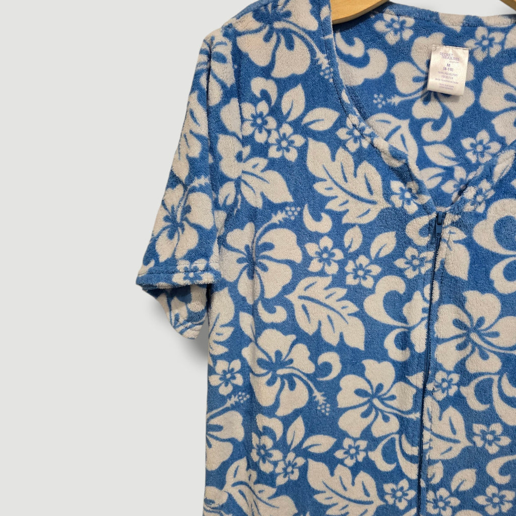 Secret Treasures Blue White Tropical Hibiscus Terry Zip Up House Dress Robe M