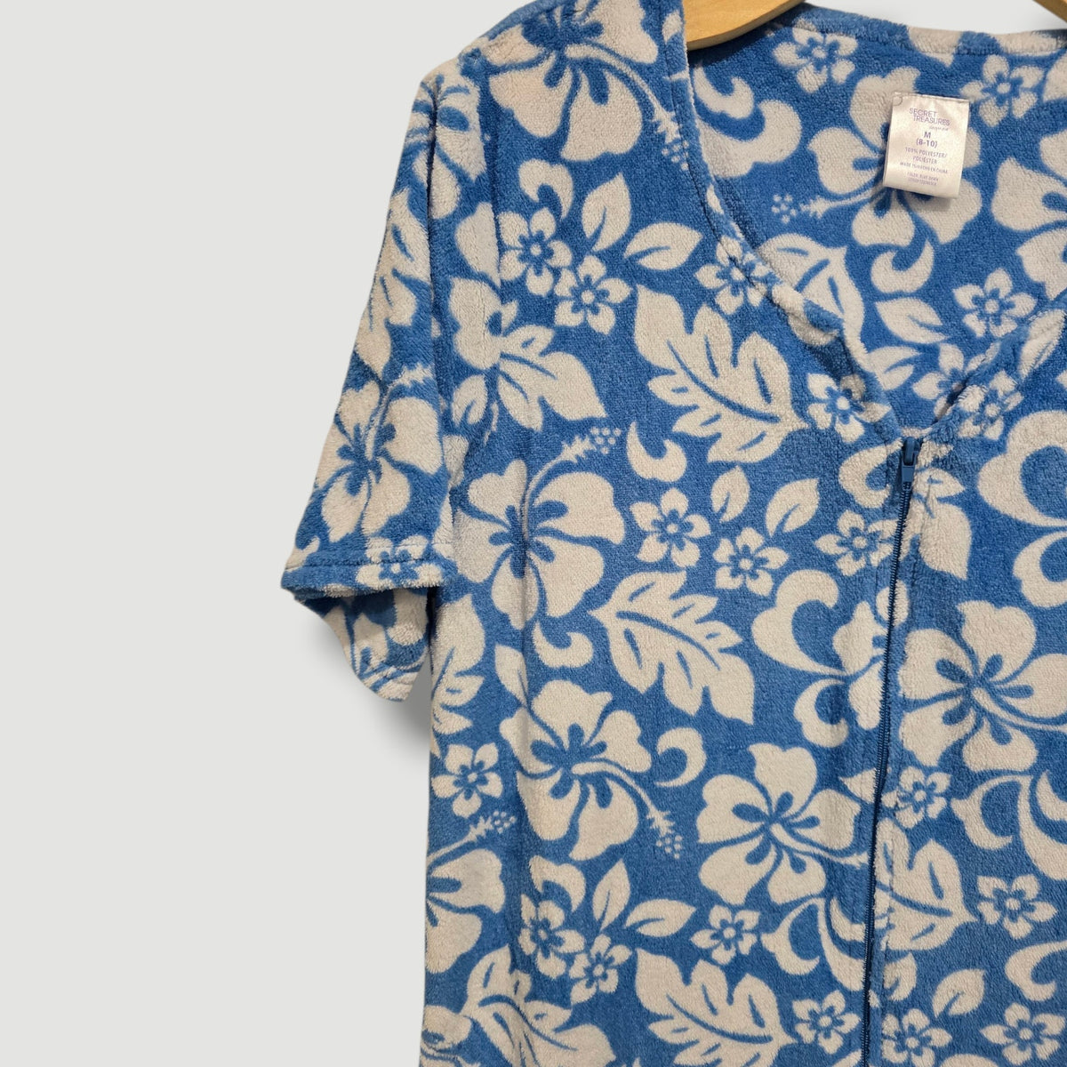 Secret Treasures Blue White Tropical Hibiscus Terry Zip Up House Dress Robe M