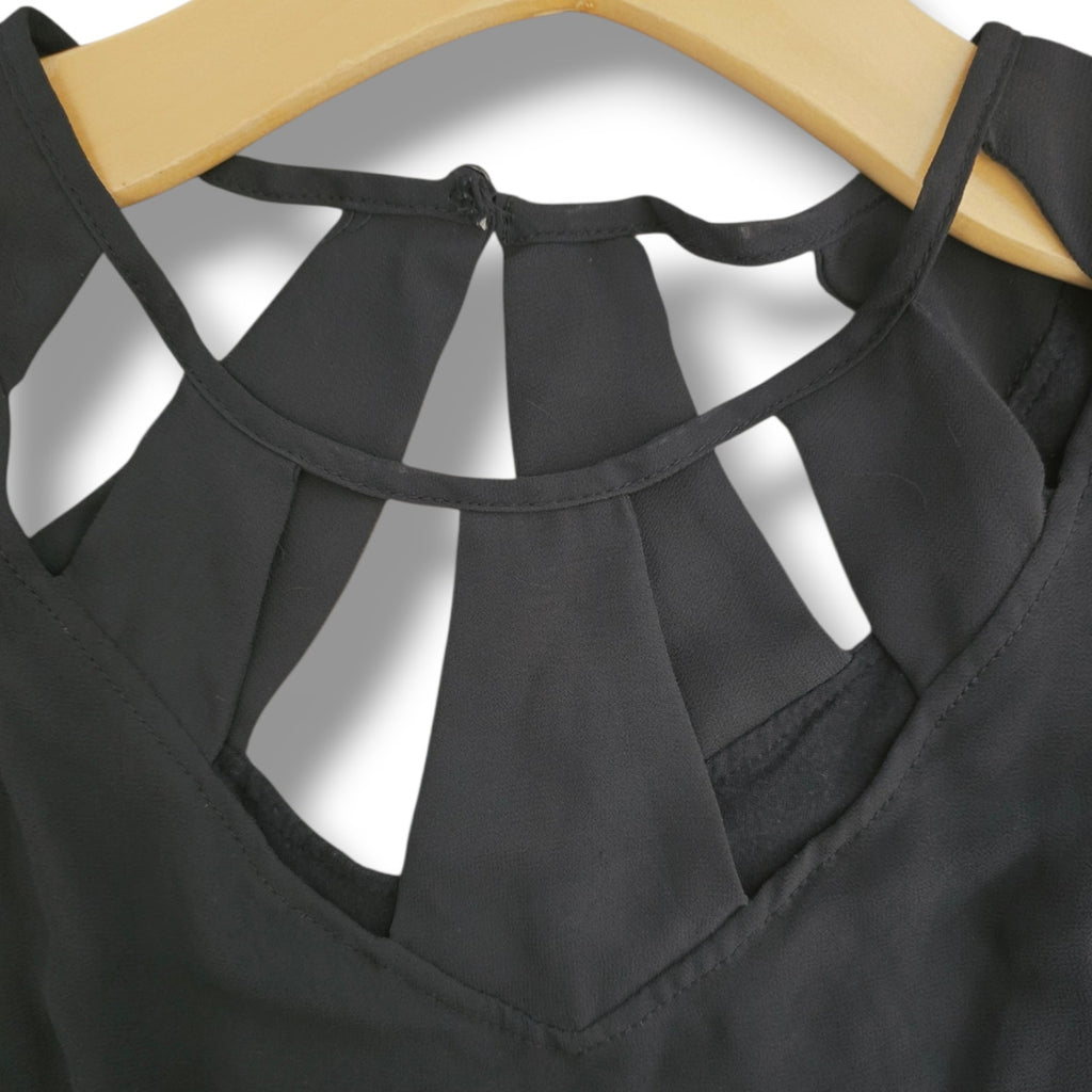 Joseph A. Women's Large Black Silk Blend Cage Neck Short Sleeve Blouse