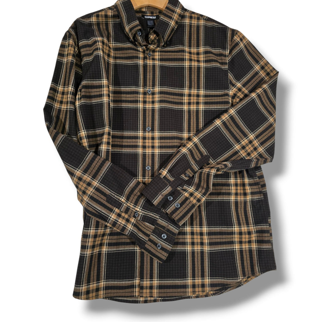 Express Men’s Brown & Black Plaid Button-Down Shirt – Size Large