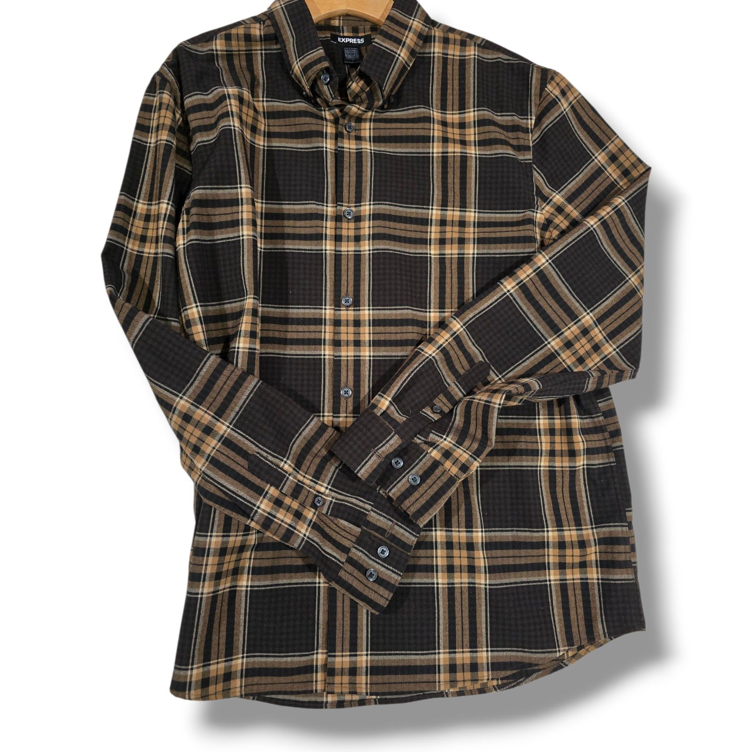 Express Men’s Brown & Black Plaid Button-Down Shirt – Size Large