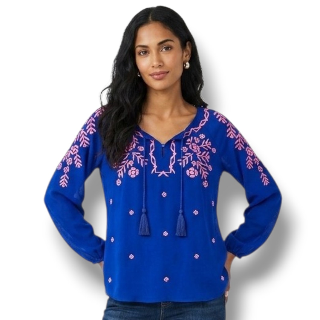 Rue 21 Women’s Blue Embroidered Boho Peasant Blouse Small Semi-Sheer Gently Used