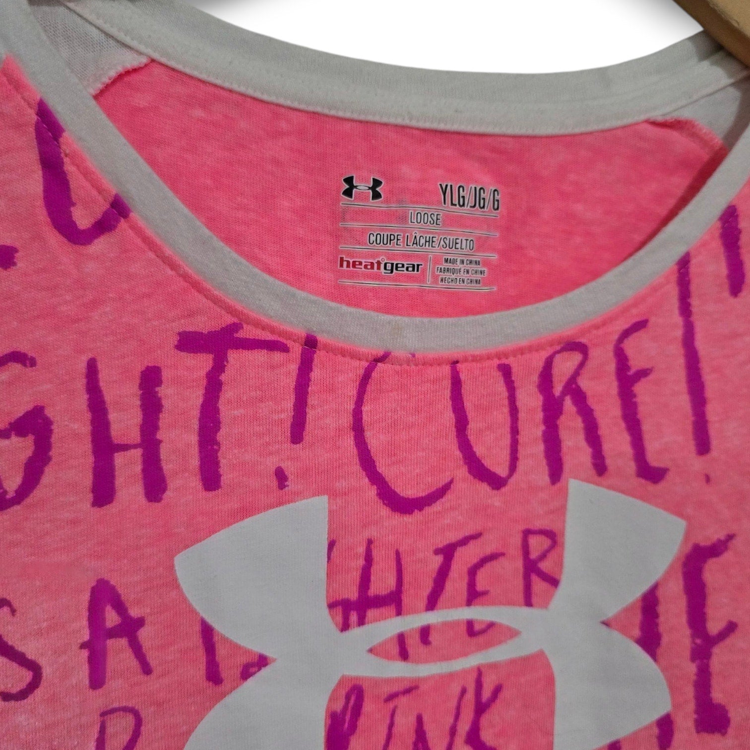 Under Armour Girls “Power in Pink” HeatGear Shirt Breast Cancer Awareness YLG