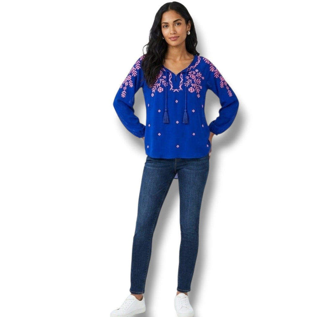 Rue 21 Women’s Blue Embroidered Boho Peasant Blouse Small Semi-Sheer Gently Used