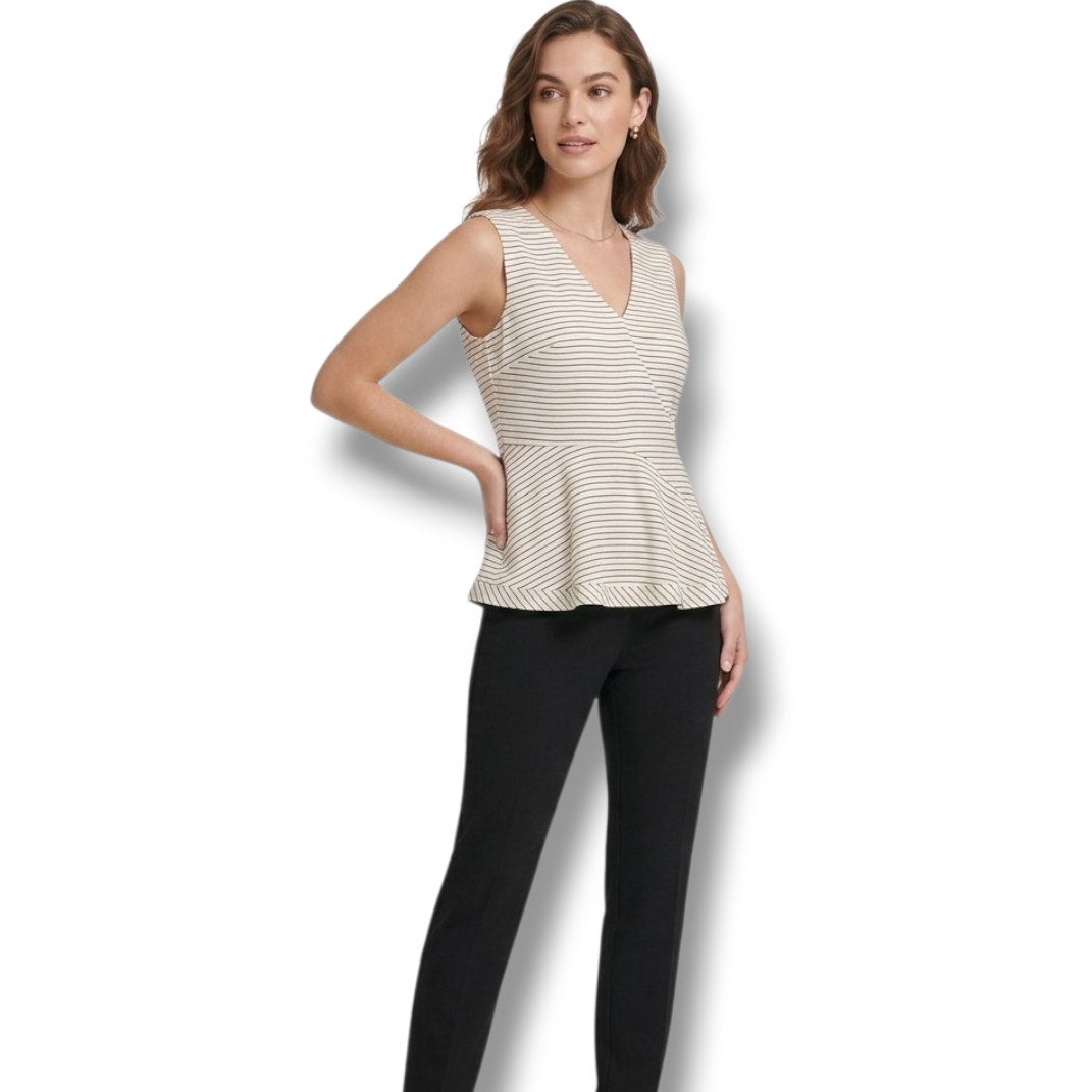 DKNY Women’s Ivory and Black Striped Sleeveless Peplum Blouse – Size 10