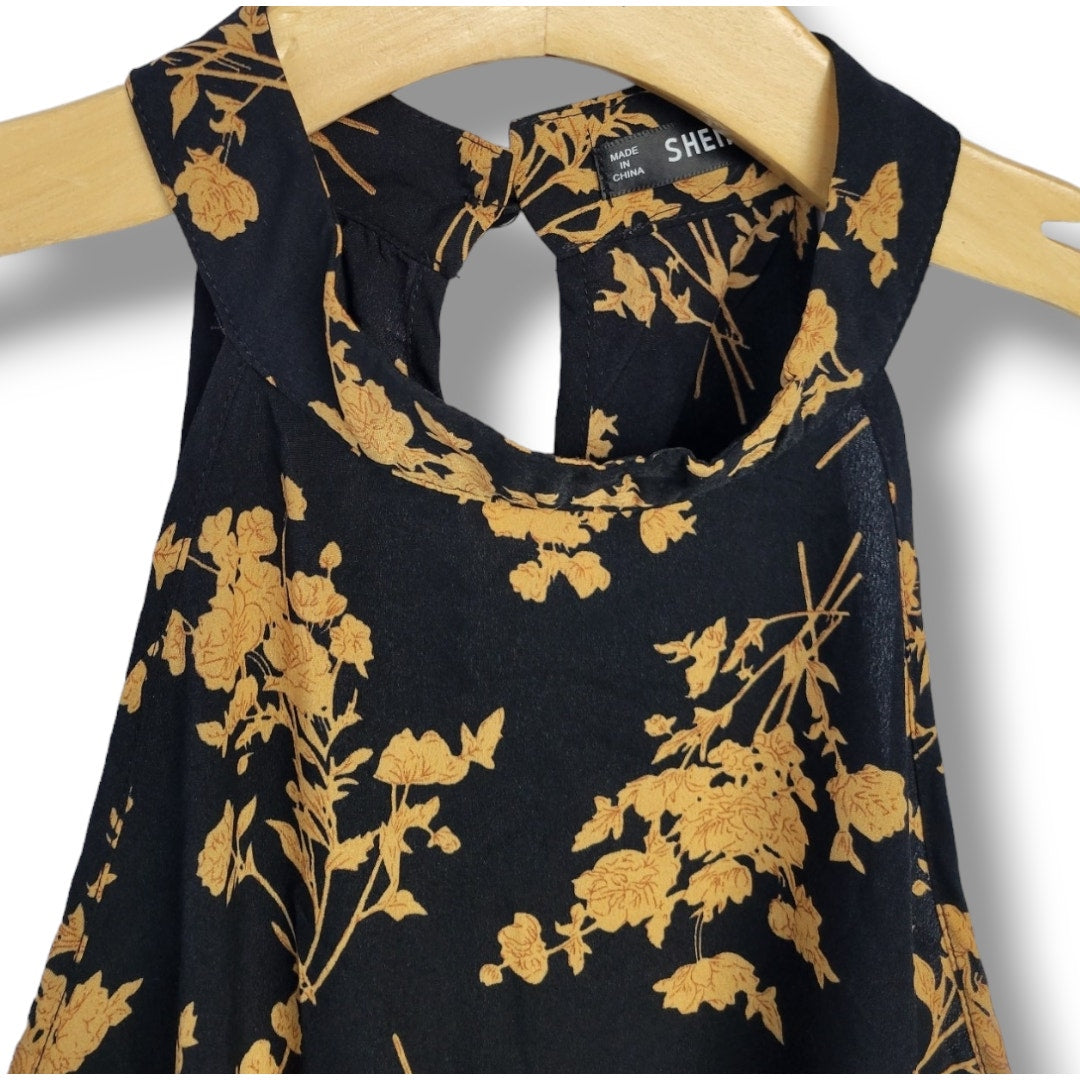 SHEIN Black & Gold Floral Halter Neck Mini Dress Women’s Size Medium