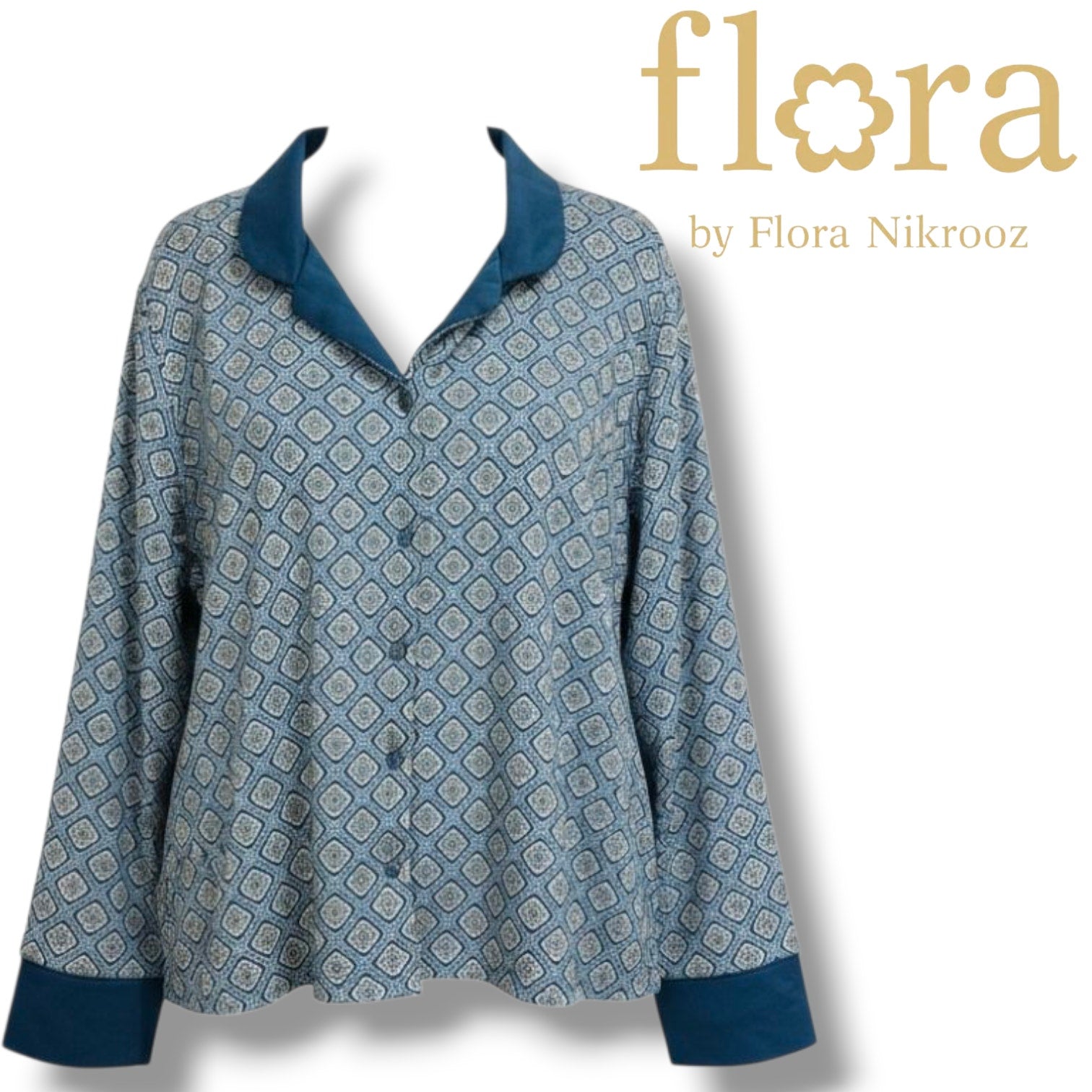 Flora by Flora Nikrooz Women’s Blue Geometric Long Sleeve Pajama Top Size Large