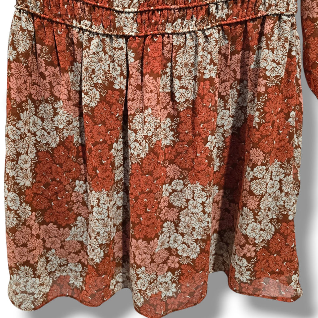 Socialite Floral Long Sleeve Smocked Waist Mini Dress – Rust Brown XS NWT