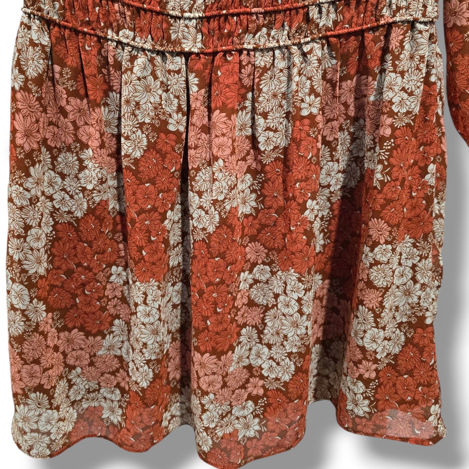 Socialite Floral Long Sleeve Smocked Waist Mini Dress – Rust Brown XS NWT