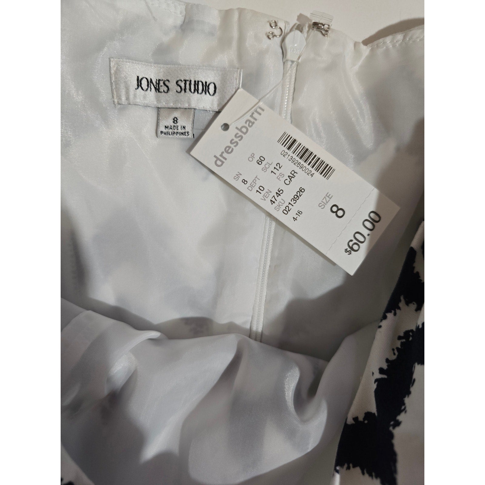 Jones Studio Navy White Chevron Fit & Flare Dress – Size 8, Lined, Zip Back, New
