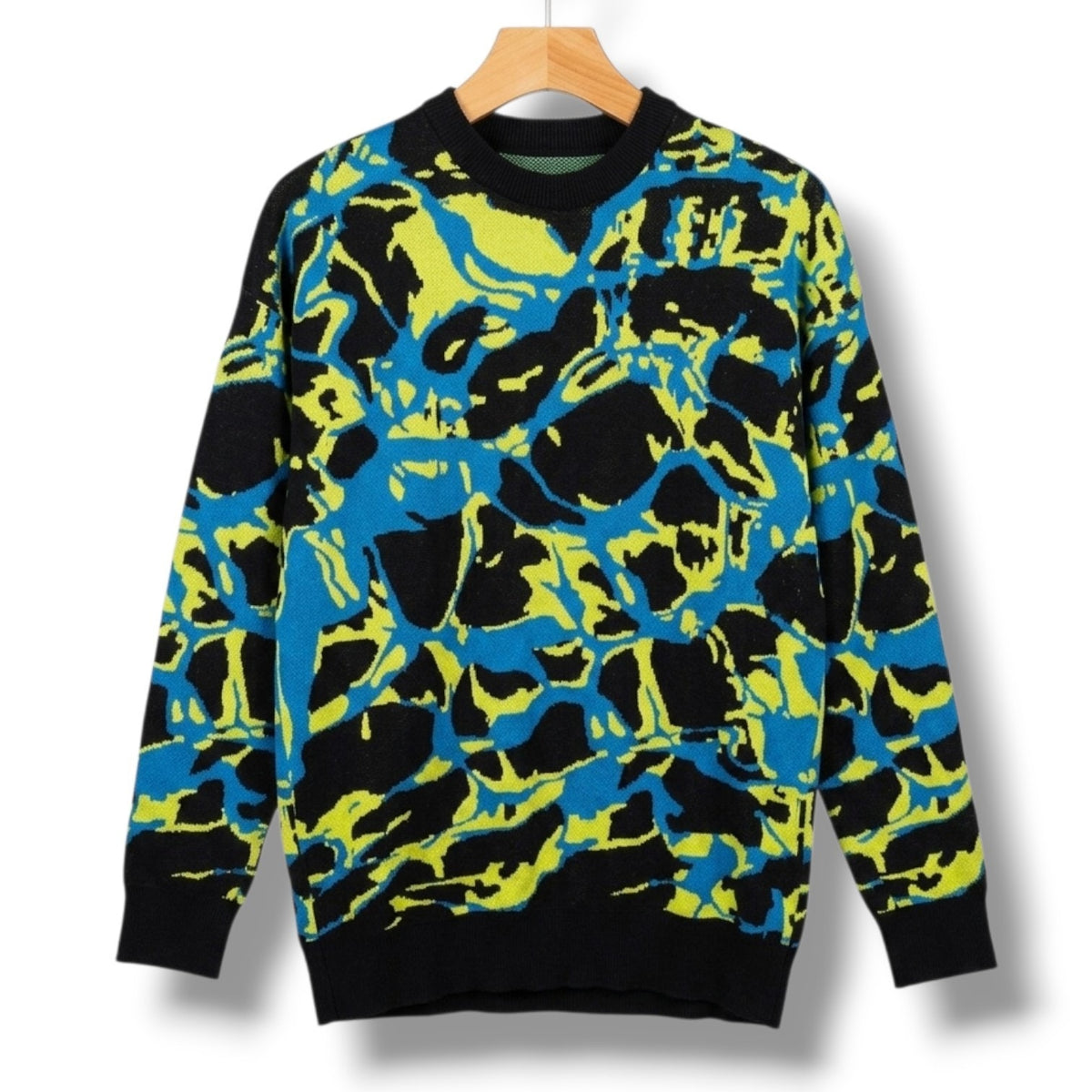 Zara Men's Abstract Camo Intarsia Knit Sweater Electric Blue Yellow Small