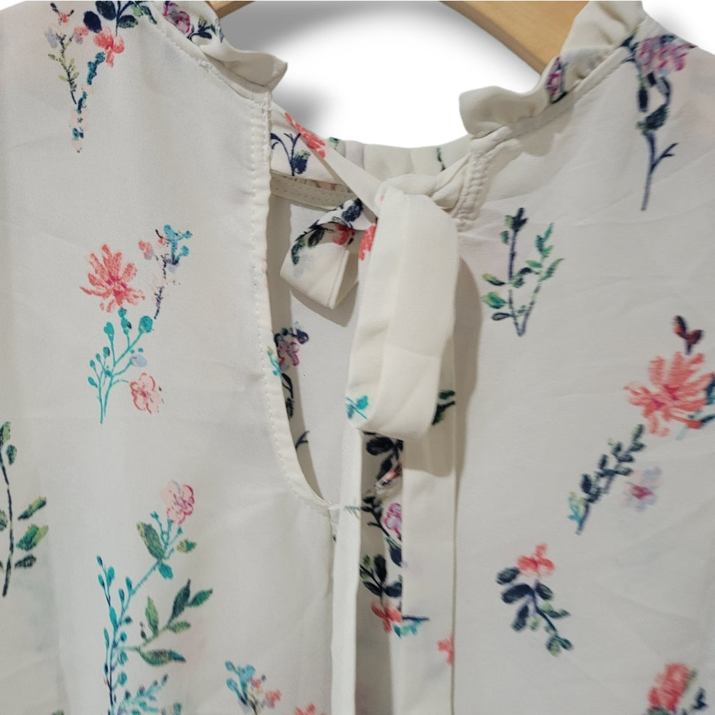 Cresent & Willough Floral Cap Sleeve Tie Neck Blouse Size Small