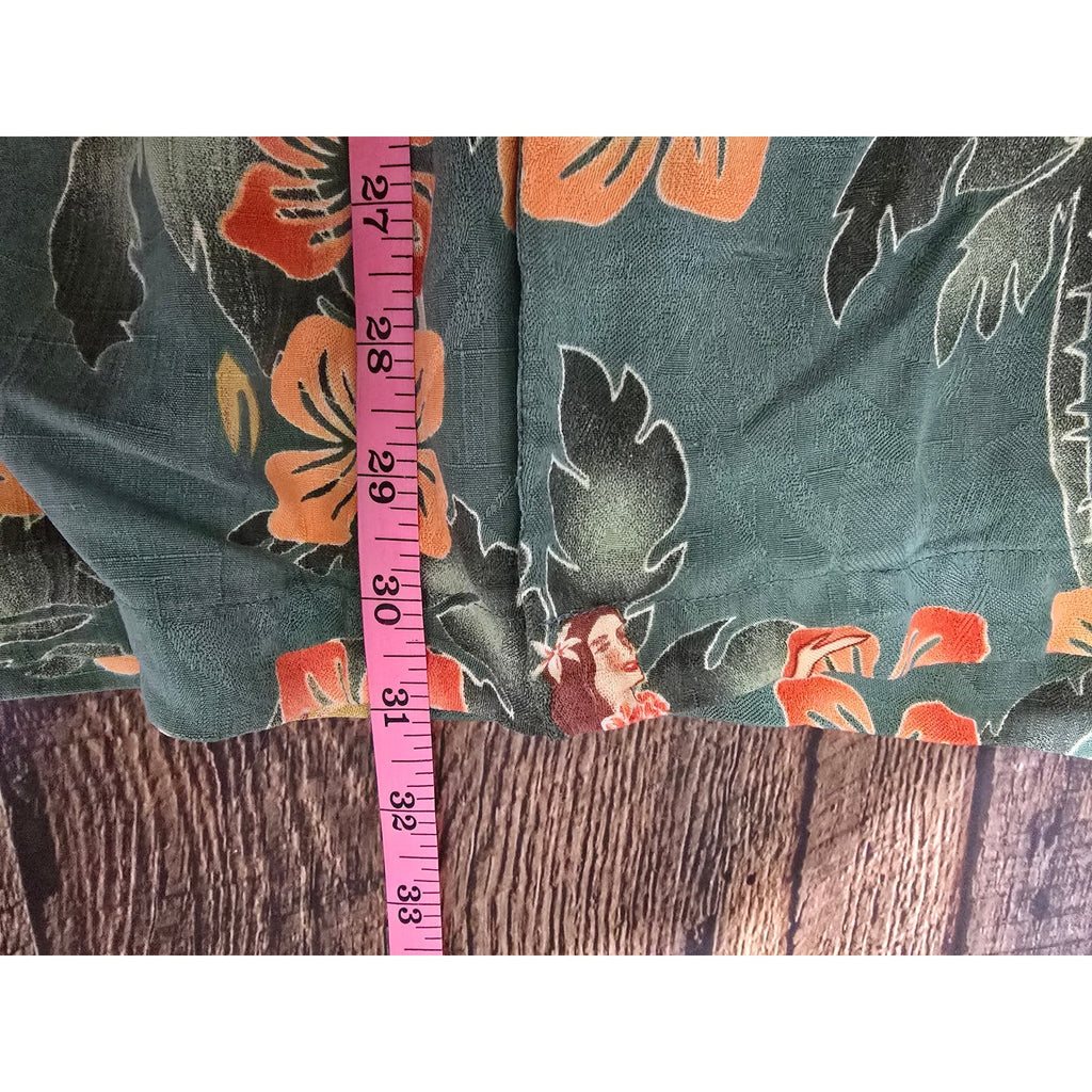 Montego Mon 100% Silk Green Hula Girl Tropical Hawaiian Camp Shirt XXL