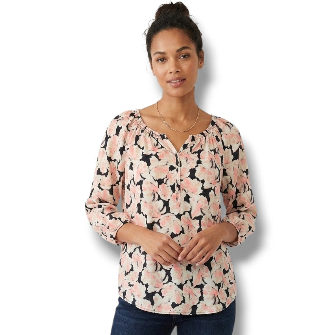 Apt. 9 Womens Large Multicolor Floral Quarter Button Long Sleeve Pullover Blouse