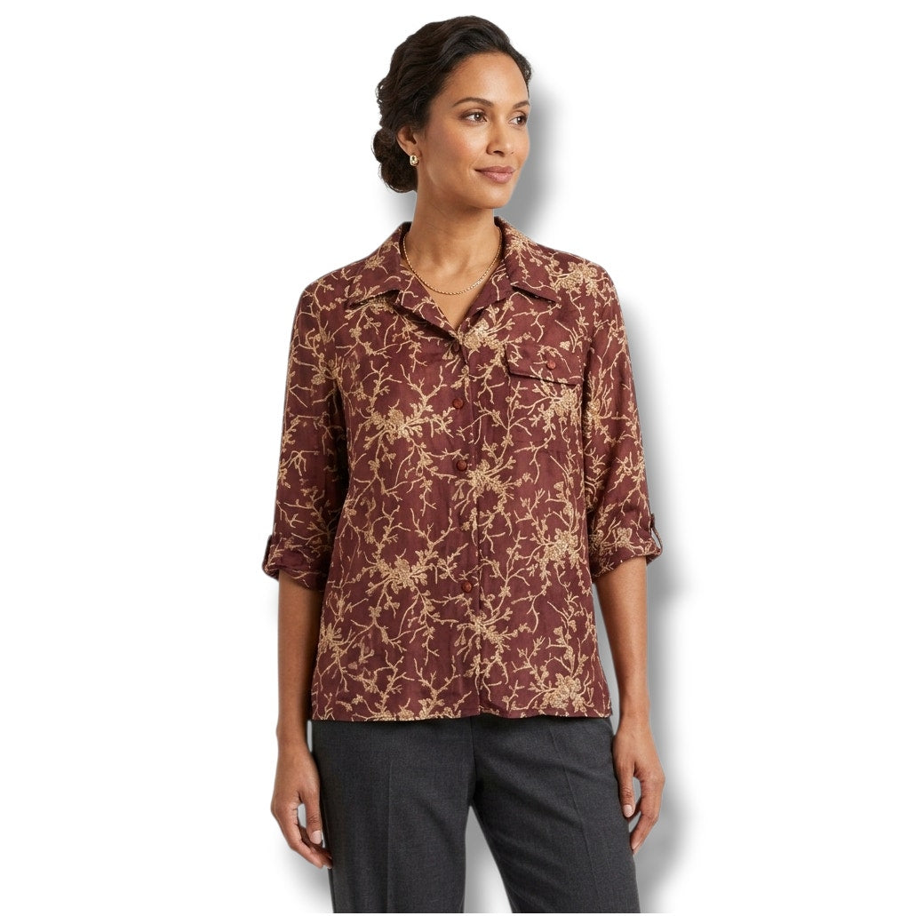 Ryh Shin Brown Floral Button-Down Blouse – Medium, Vintage Style, Pre-Owned