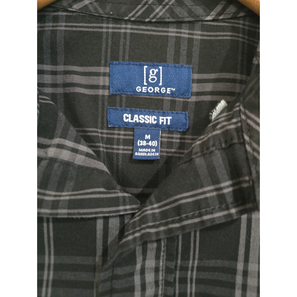 George Men's Plaid Short Sleeve Button Down Shirt M Black Gray Classic Fit