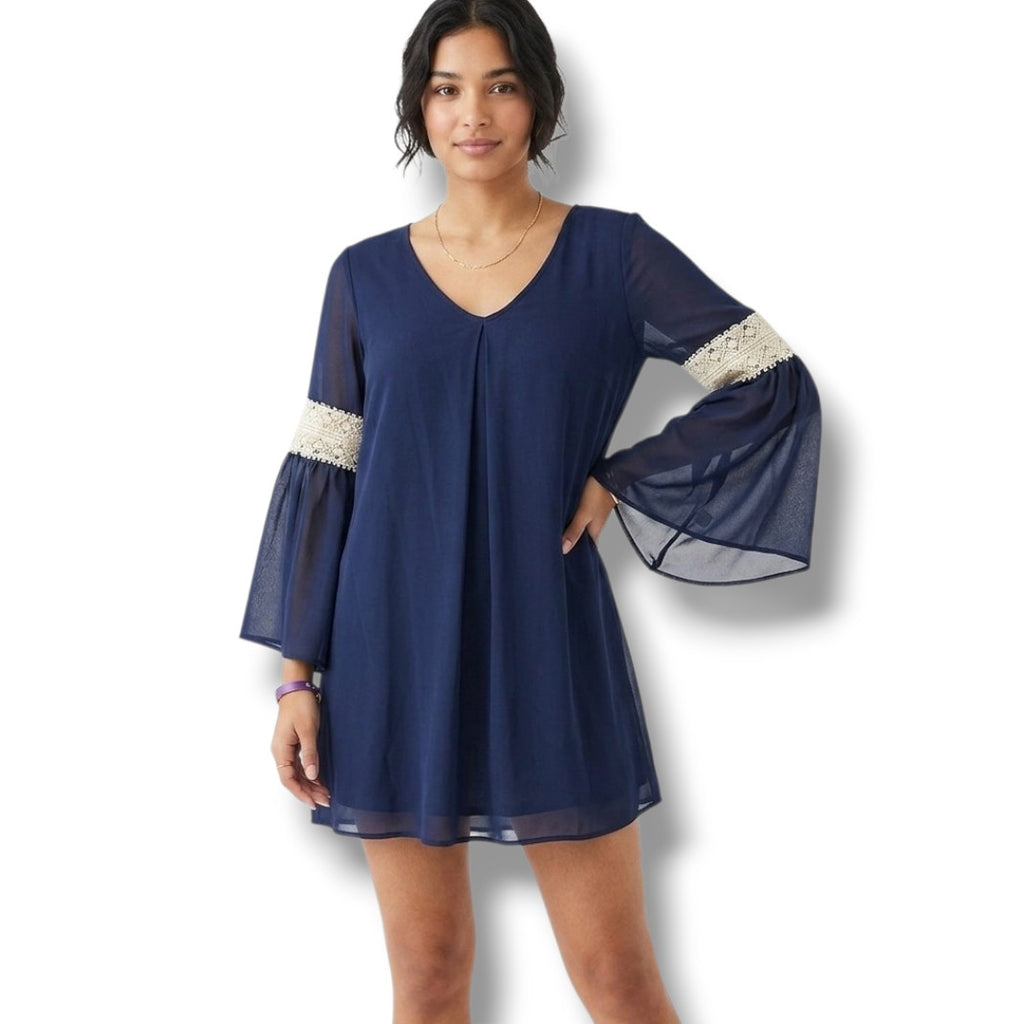 By & By Women’s Blue Sheer Lined Bell Sleeve Dress - Size Small