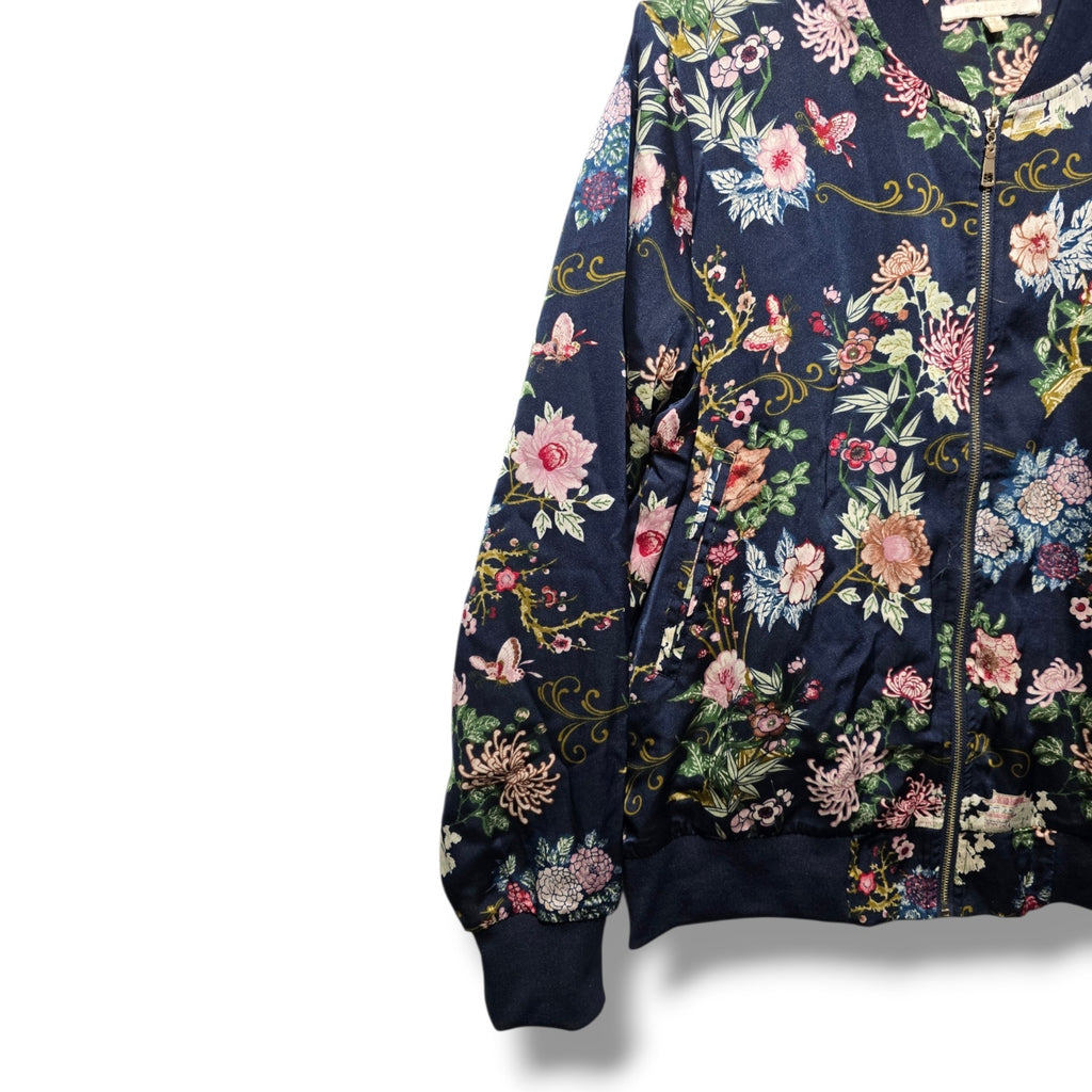 Style Me Women's Size M Navy Blue Asian Floral Butterfly Satin Bomber Jacket