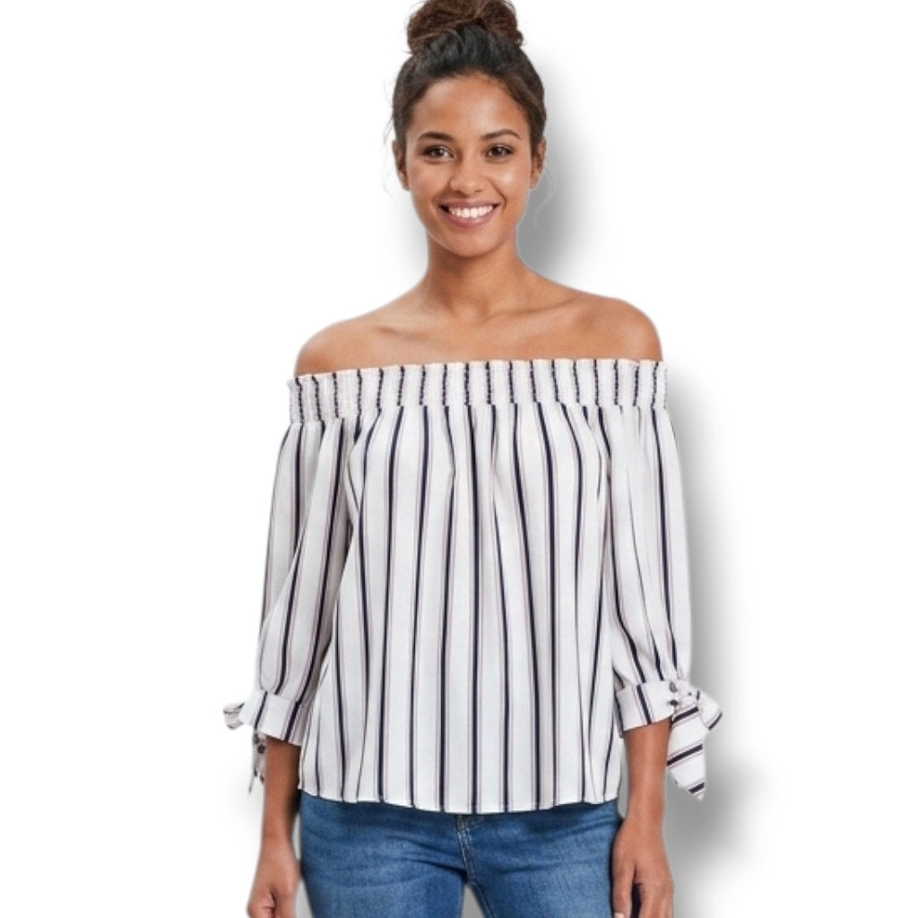 E&M Vertical Striped Off the Shoulder Tie Sleeve Blouse