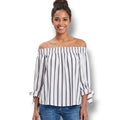 E&M Vertical Striped Off the Shoulder Tie Sleeve Blouse