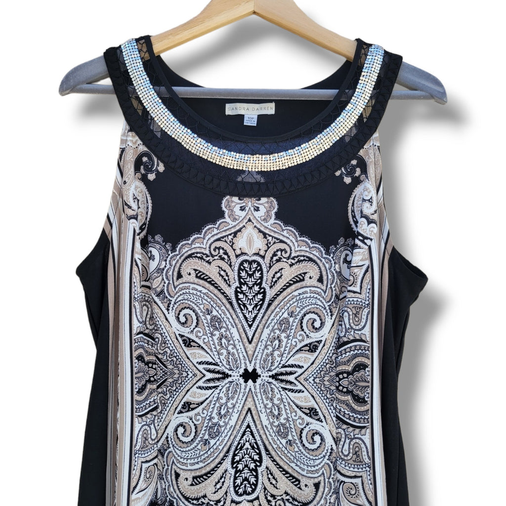 Sandra Darren Women’s Sleeveless Printed Jersey Necklace Dress Black Beige