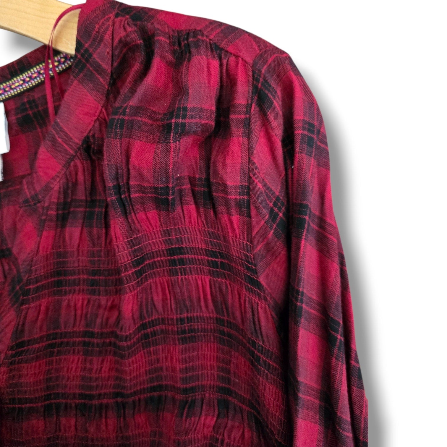 Knox Rose Women's & Black Plaid Smocked Babydoll Blouse - large
