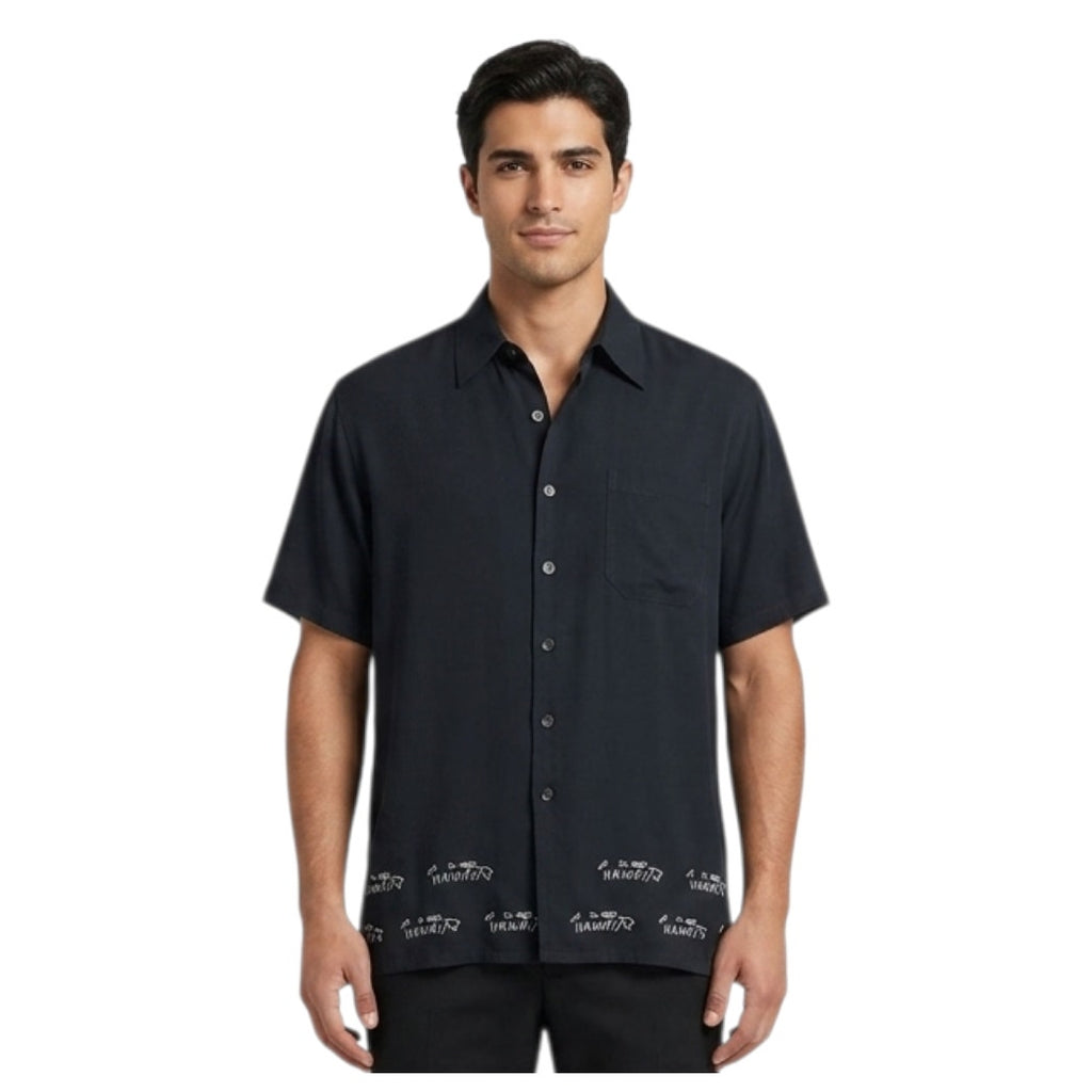 Vintage Hawaiian Shirt Leila Kew Len Designs Black Embroidered Button-Down xl