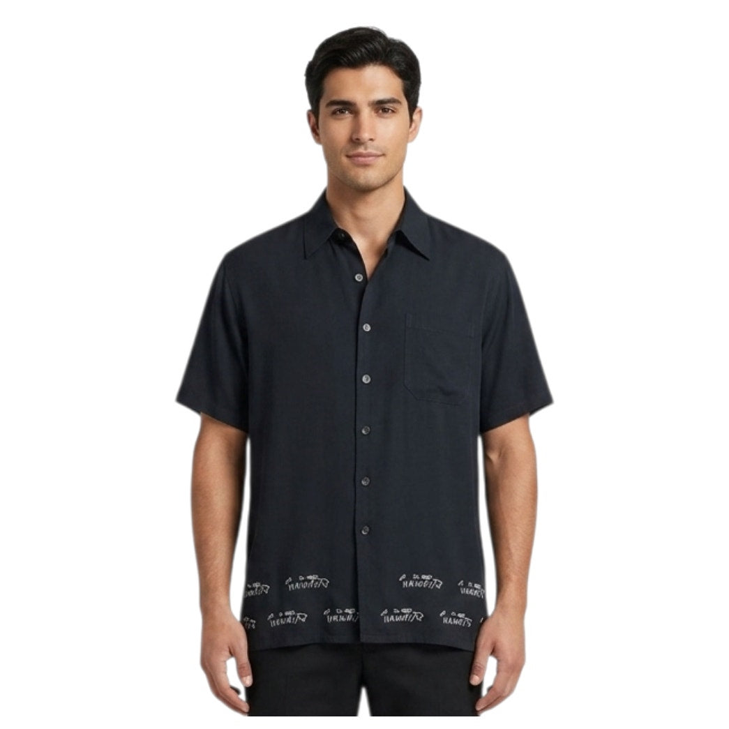 Vintage Hawaiian Shirt Leila Kew Len Designs Black Embroidered Button-Down xl