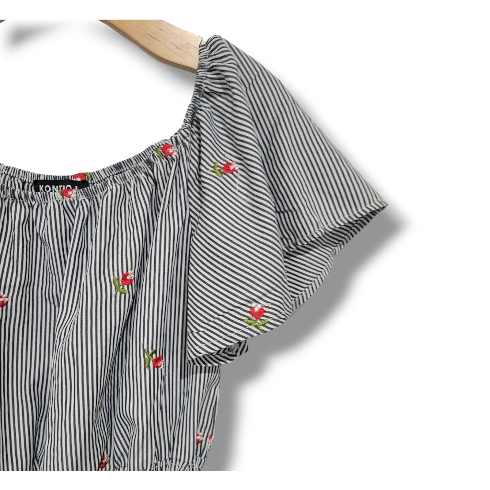 Kontrol Contemporary women's embroidery Roses & smocked tie- up waist blouse