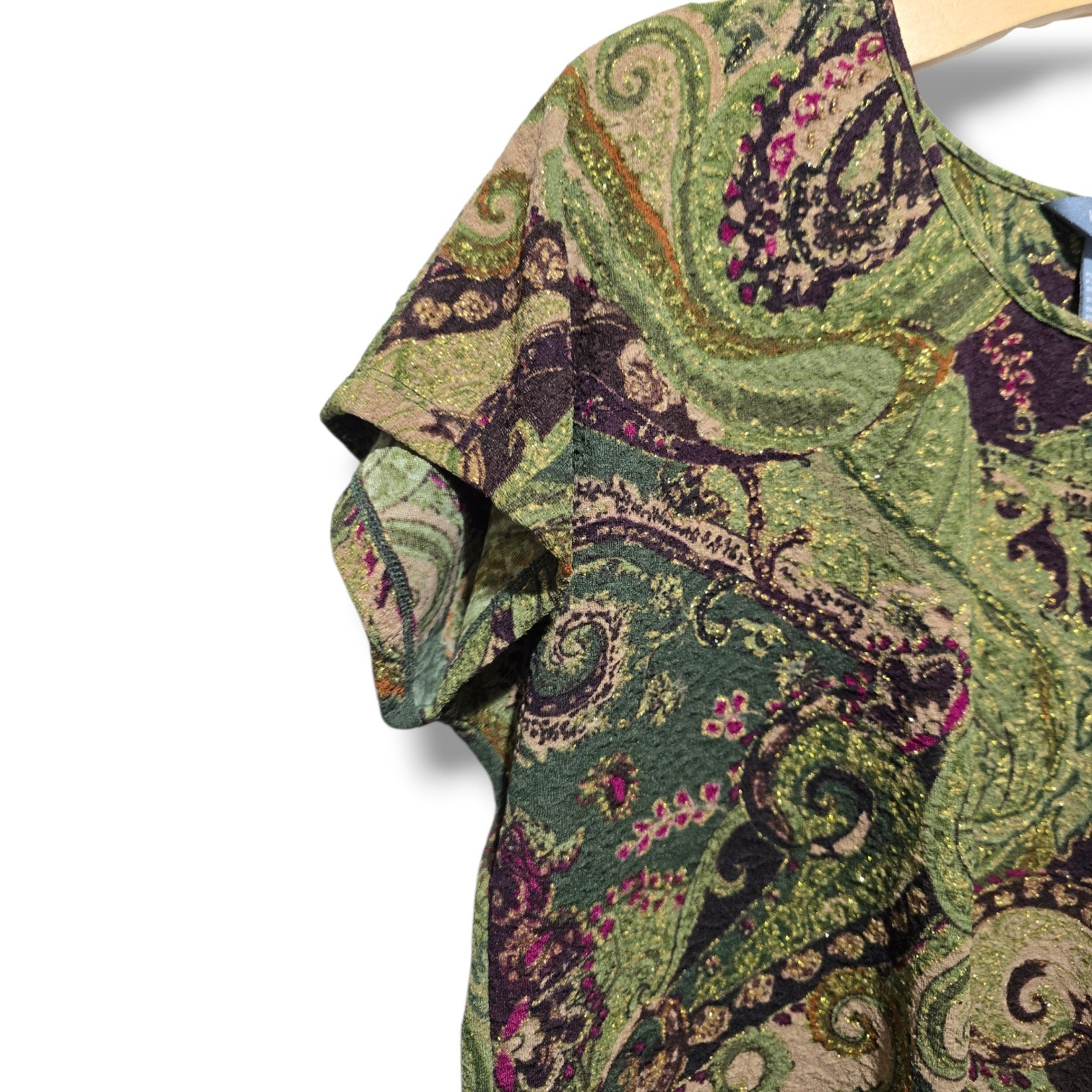 Koret Women's Large Green Purple Paisley Metallic Shimmer Short Sleeve Top