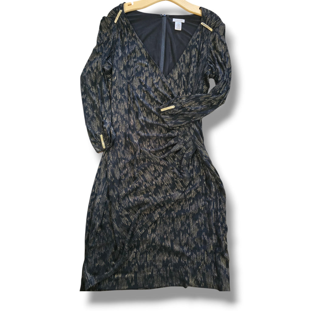 Caché Black & Metallic Gold Shimmer Ruched Faux-Wrap Dress – Large