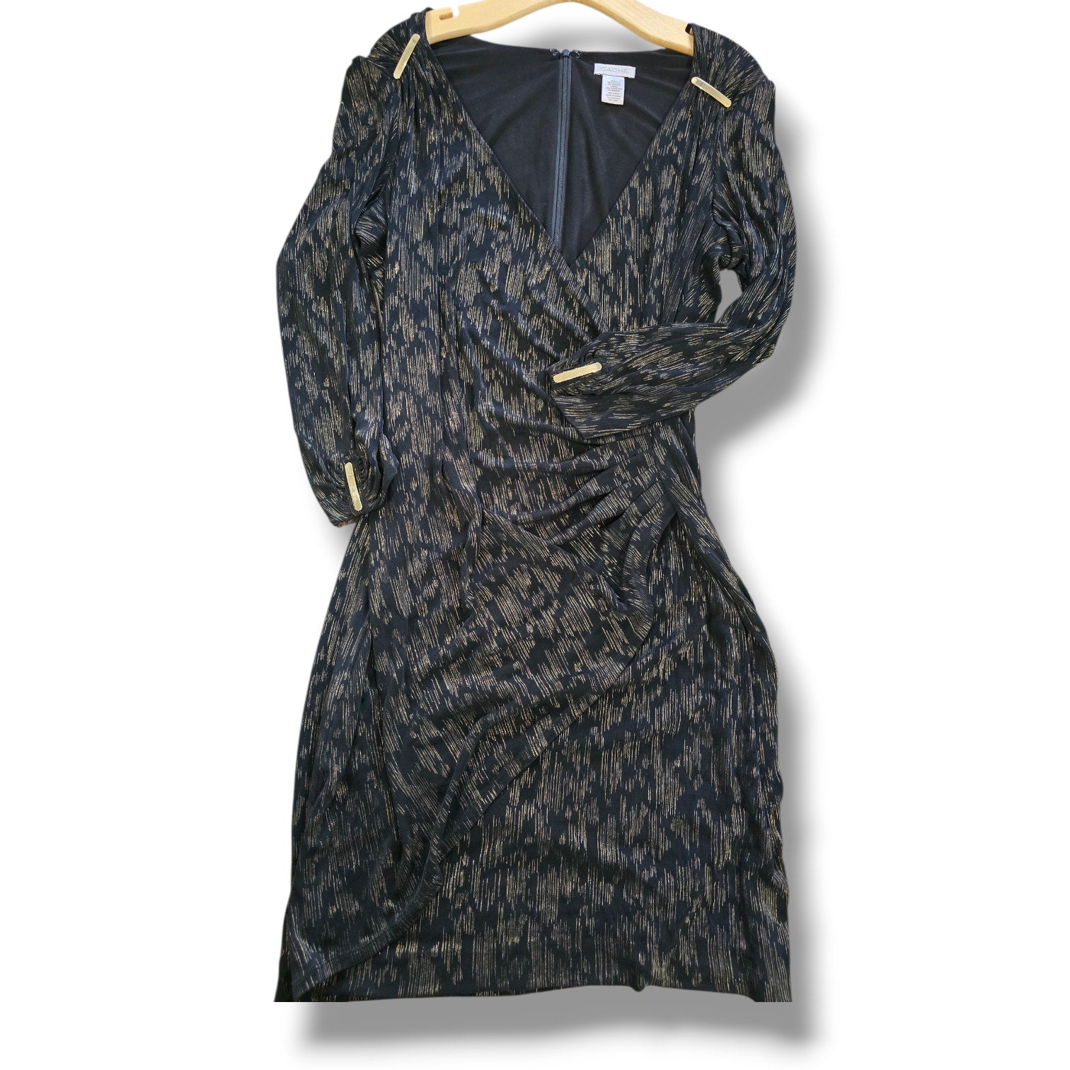 Caché Black & Metallic Gold Shimmer Ruched Faux-Wrap Dress – Large