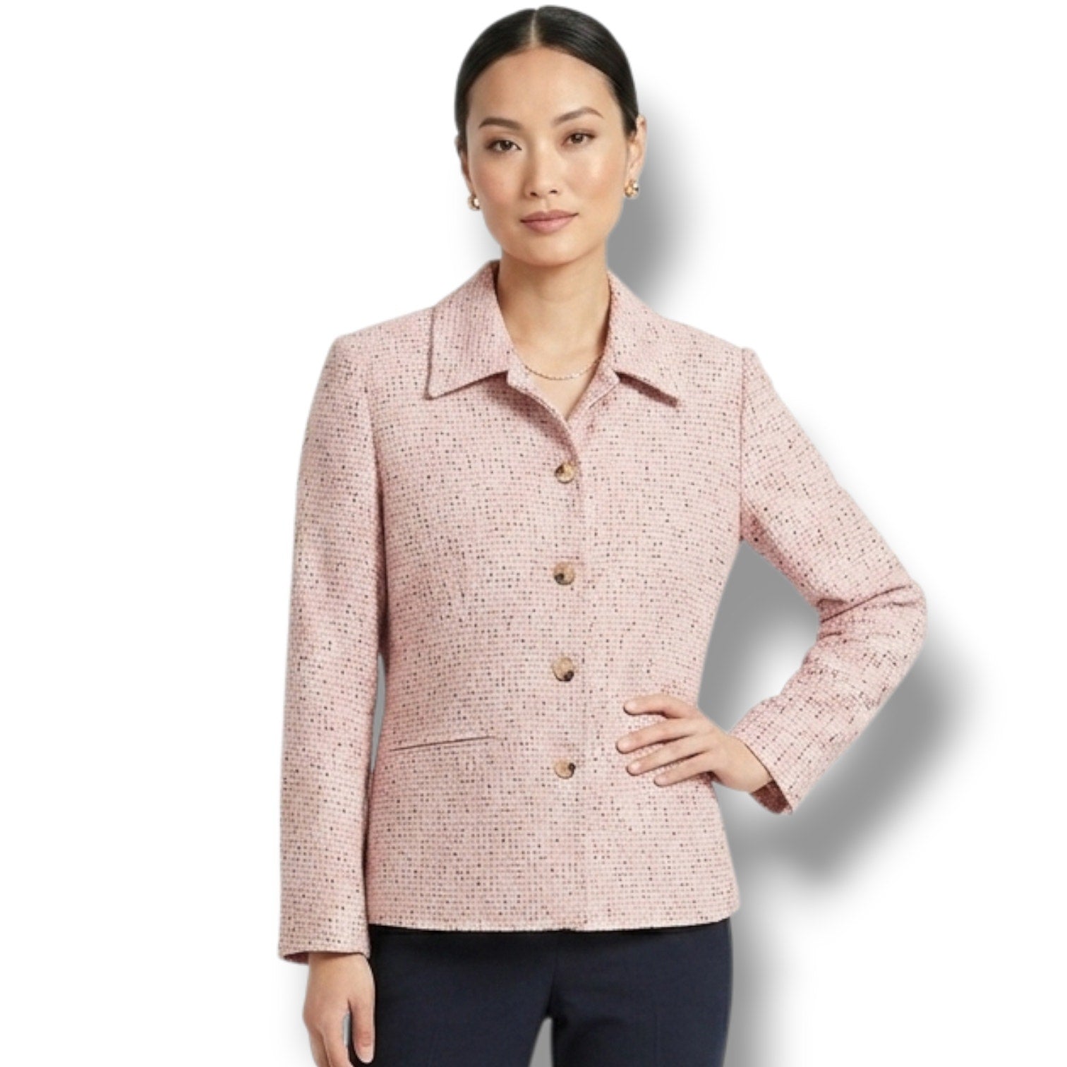 Sag Harbor Petite Women's Size 6P Soft Pink Black Tweed Button Front Blazer