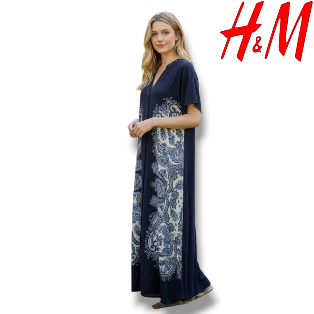 NWT H&M Blue Paisley Button Down Midi Dress Size 2 Short Sleeve Viscose