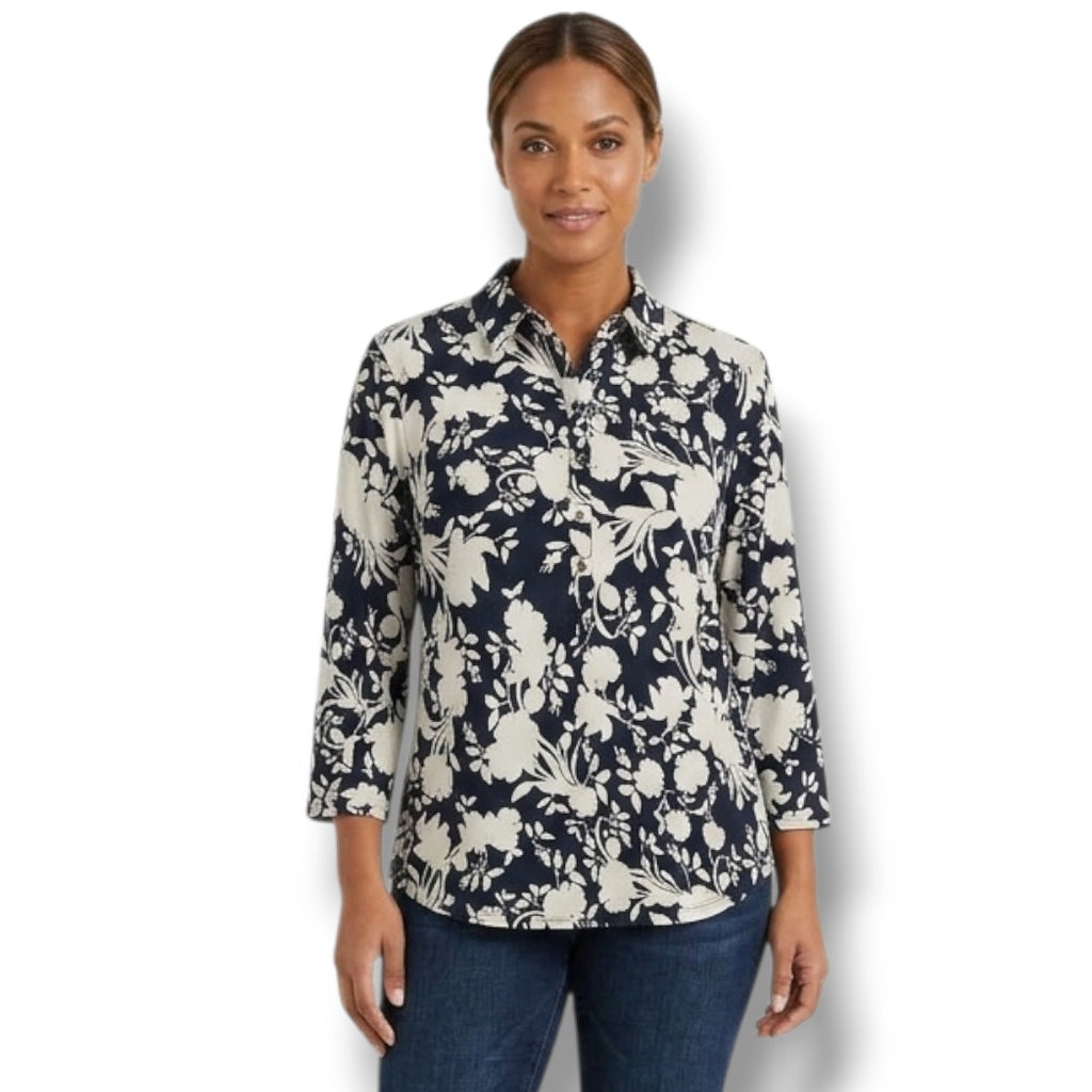 Charter Club Women’s Floral Print Blouse Midnight Blue White Button Front Top L