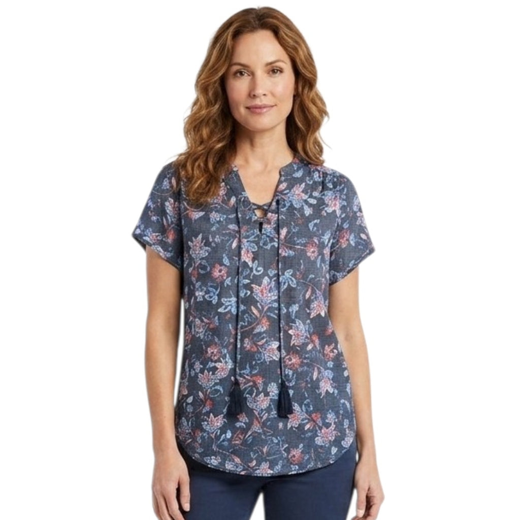 St. John’s Bay Petite Medium Floral Lace-Up Tassel Blouse Navy Rayon Blend