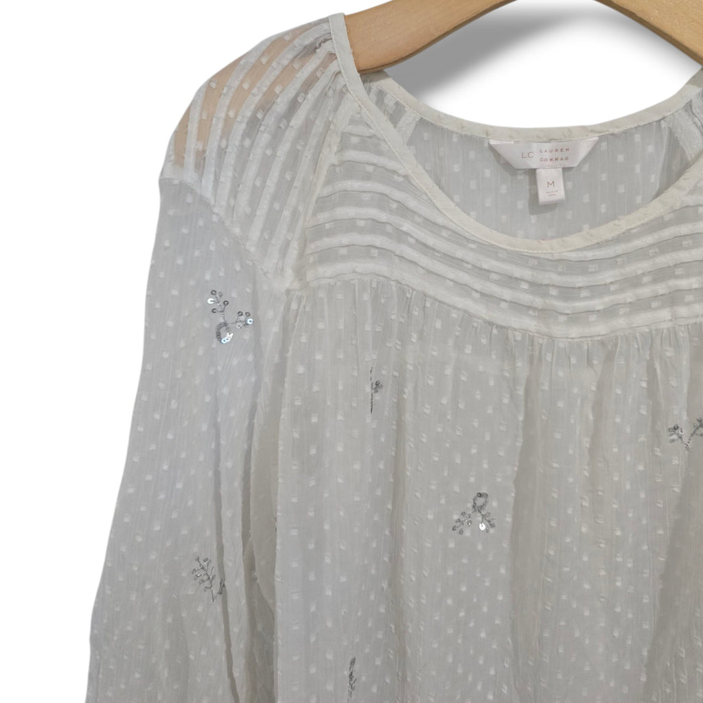 LC Lauren Conrad Women’s White Eyelet Embroidered Peasant Blouse Size Medium