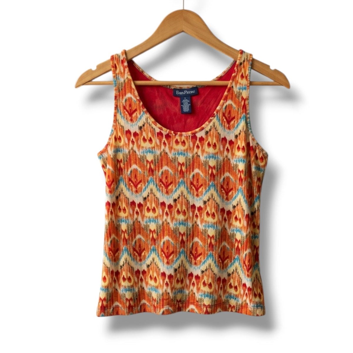 Evan-Picone Orange Ikat Mesh Overlay Tank Top Lined Sleeveless Blouse Large