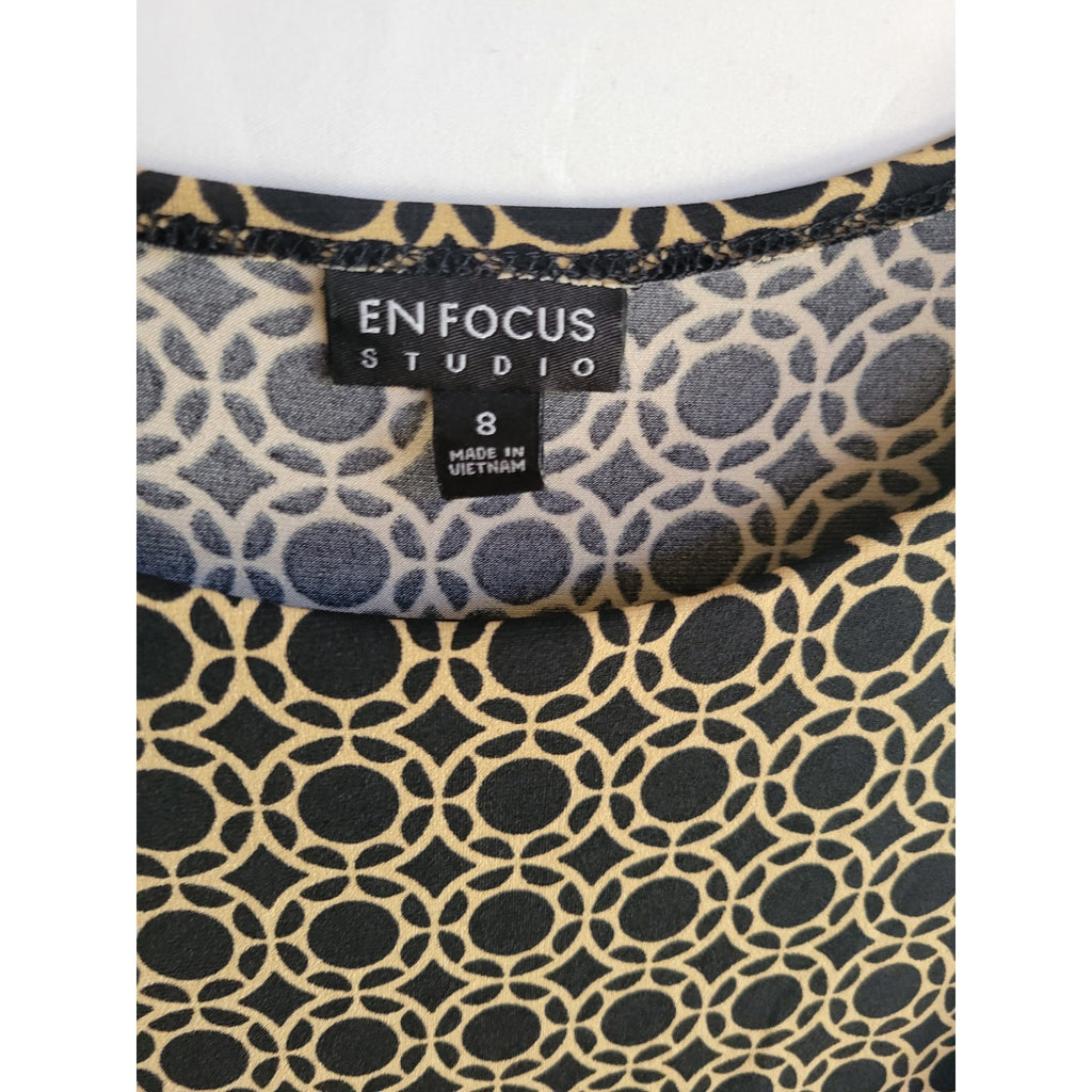 En Focus Studio Brown & Black Geometric Print Ruched Midi Dress Size 8
