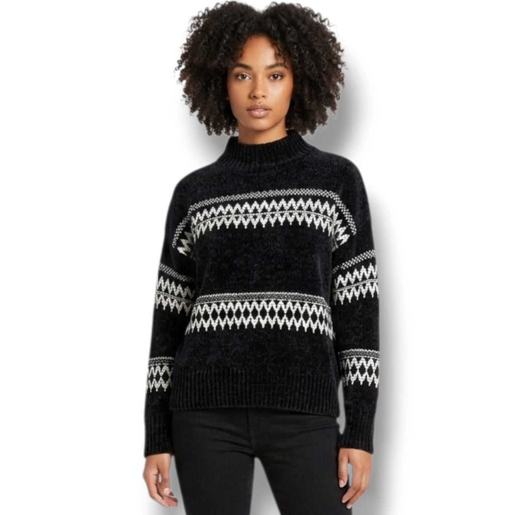 Christian Siriano New York Women's Black Chenille Fair Isle Mock Neck Sweater