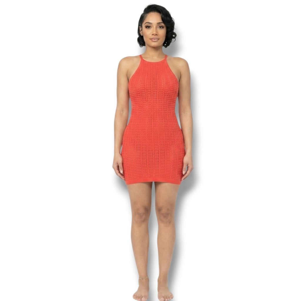 Hera Collection Women’s Orange Angelica Open-Knit Mini Dress – Size Medium