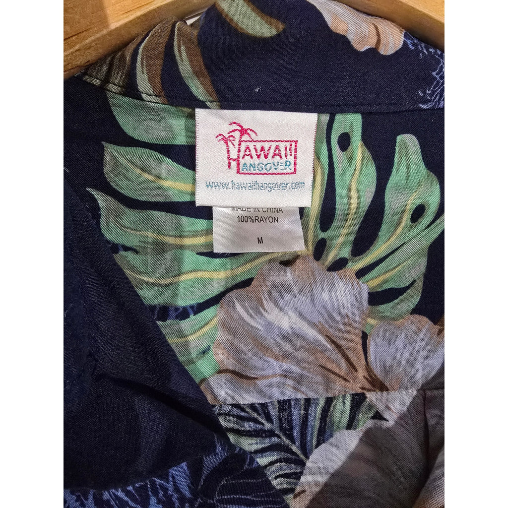 Hawaii Hangover Men’s Navy Tropical Floral Hawaiian Shirt Rayon Medium