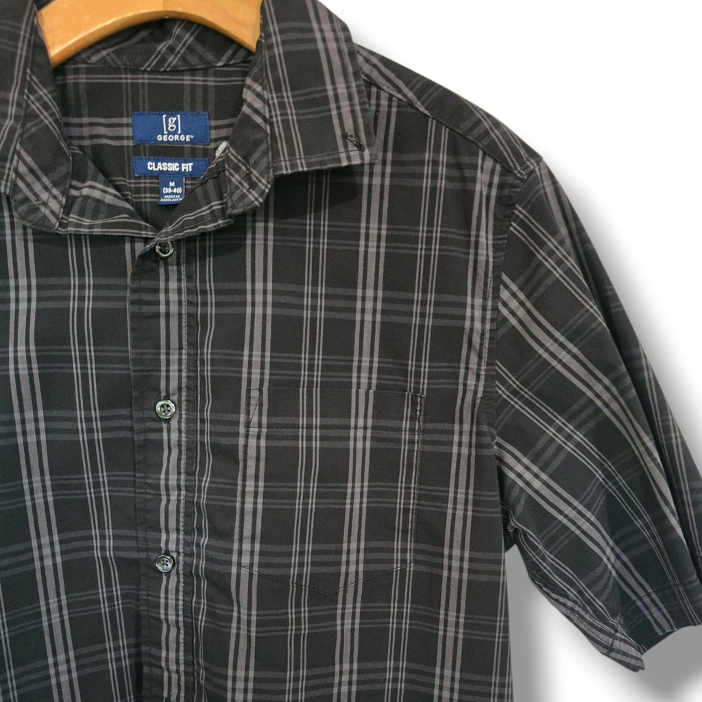George Men's Plaid Short Sleeve Button Down Shirt M Black Gray Classic Fit