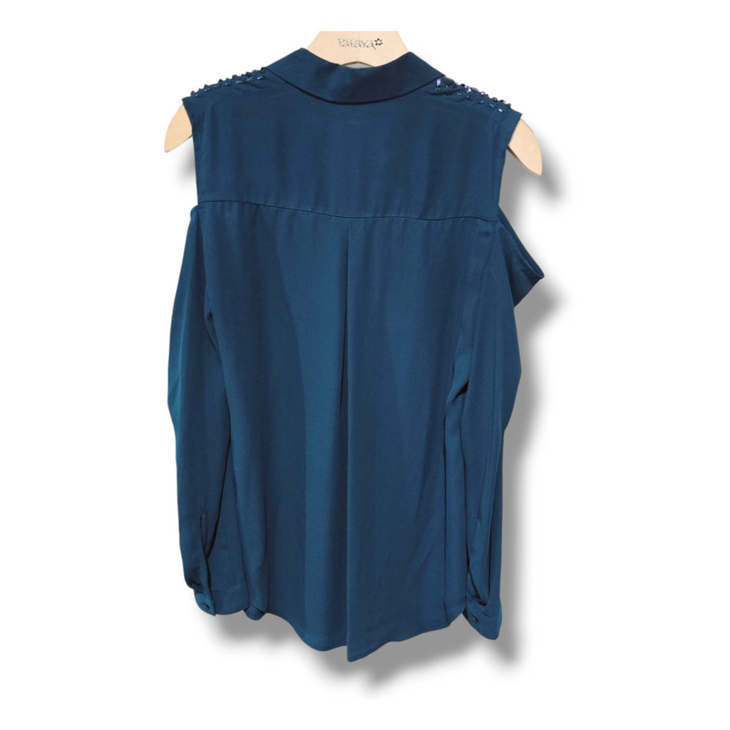 Candie's Size Medium Teal Blue Cold Shoulder Button Down Blouse Embellished