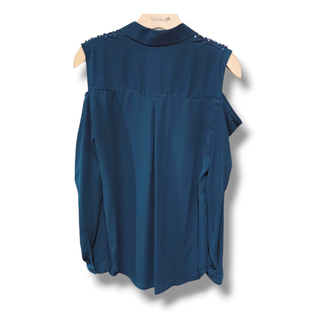 Candie's Size Medium Teal Blue Cold Shoulder Button Down Blouse Embellished