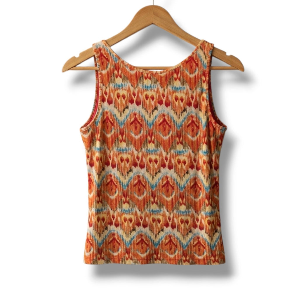 Evan-Picone Orange Ikat Mesh Overlay Tank Top Lined Sleeveless Blouse Large
