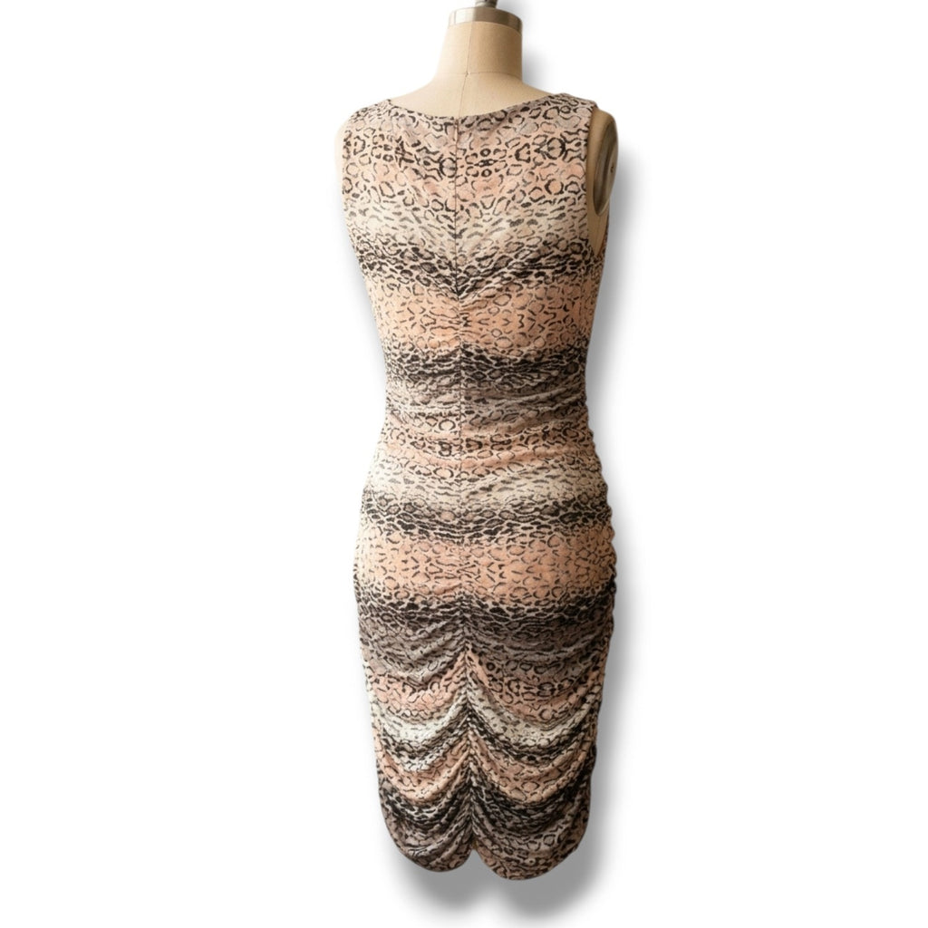 Caché Ombre Snow Leopard Animal Print Ruched Bodycon Sheath Dress Medium
