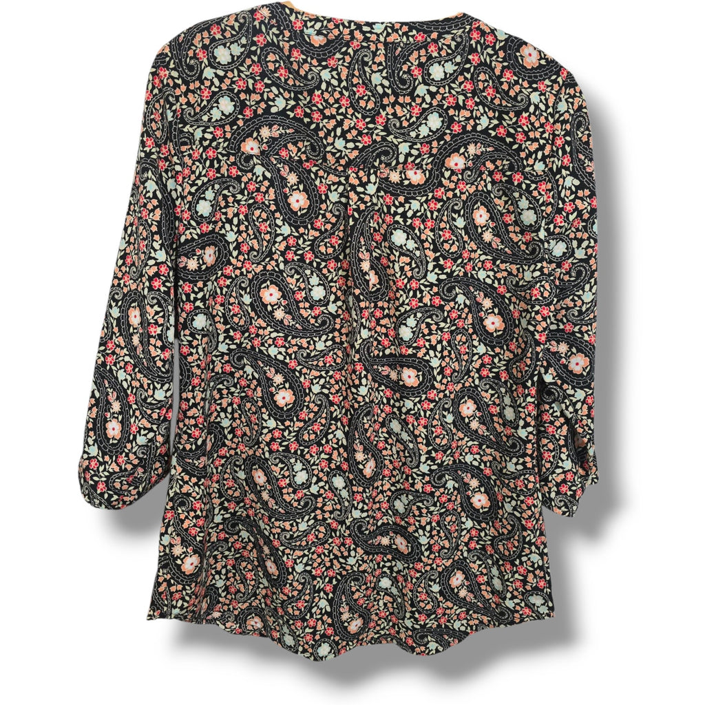 Croft & Barrow Womens Multicolor Paisley Button-Down Blouse Convertible Sleeves