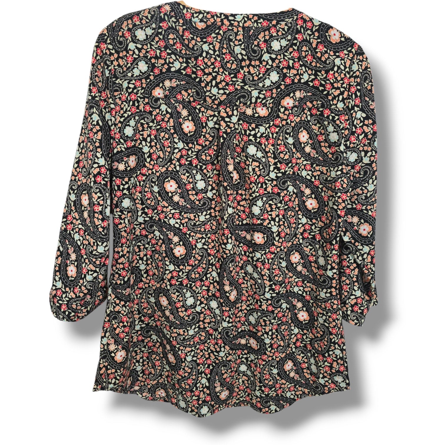 Croft & Barrow Womens Multicolor Paisley Button-Down Blouse Convertible Sleeves